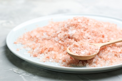 Photo of Pink himalayan salt with spoon on plate, closeup
