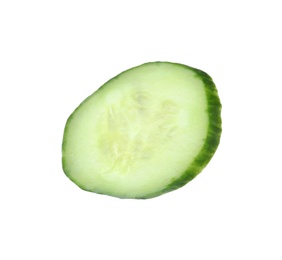 Photo of Slice of ripe cucumber on white background