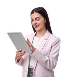 Photo of Beautiful businesswoman with tablet on white background