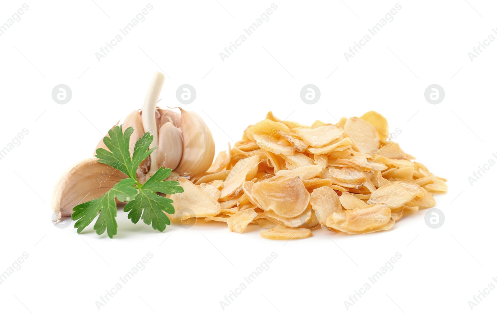 Photo of Dried garlic flakes and parsley on white background