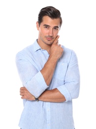 Portrait of handsome young man on white background