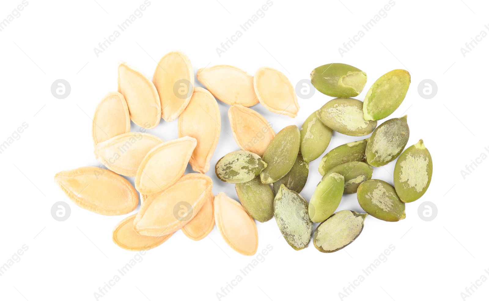 Photo of Pile of raw pumpkin seeds on white background, top view