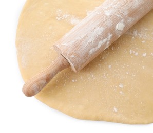 Raw dough and rolling pin isolated on white, top view