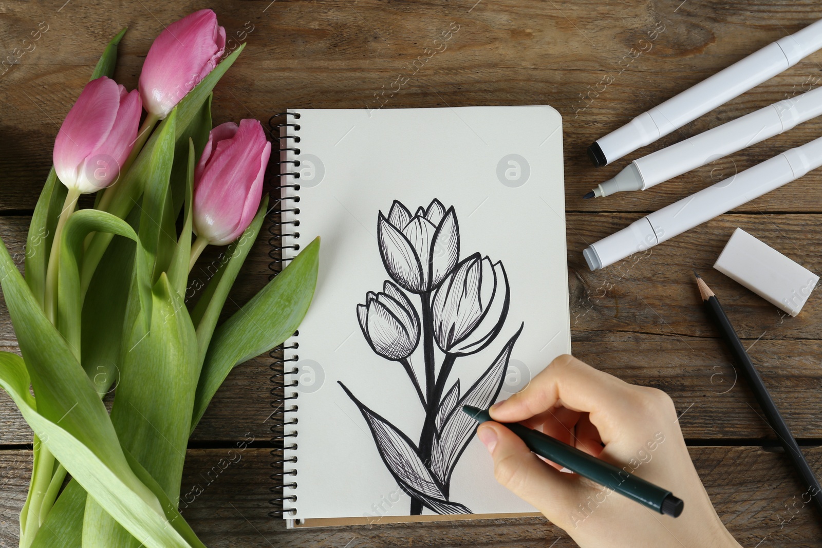 Photo of Woman drawing beautiful tulip flowers in sketchbook at wooden table, top view