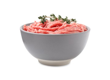 Photo of Fresh raw ground meat and thyme in bowl isolated on white