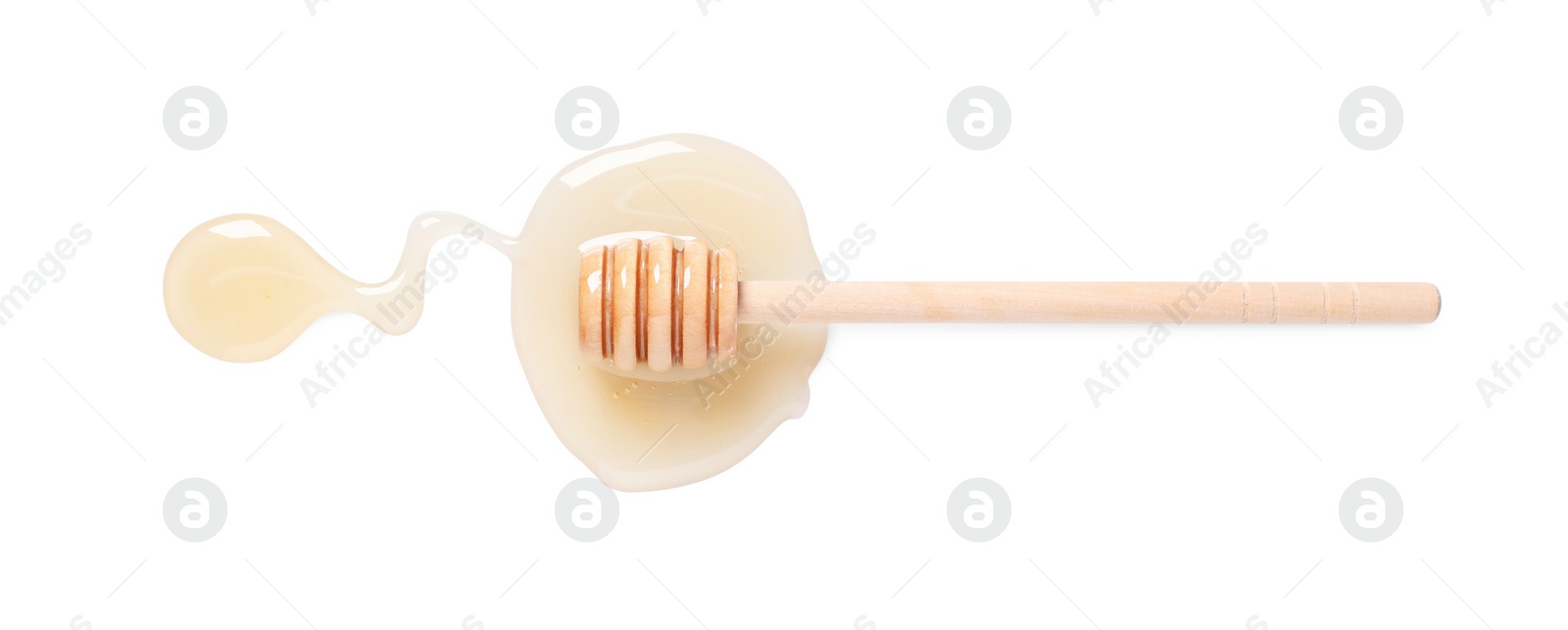 Photo of Tasty natural honey and dipper on white background, top view