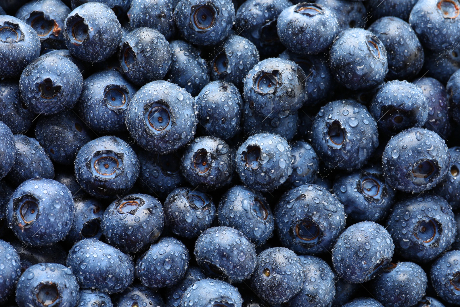 Photo of Wet fresh blueberries as background, top view