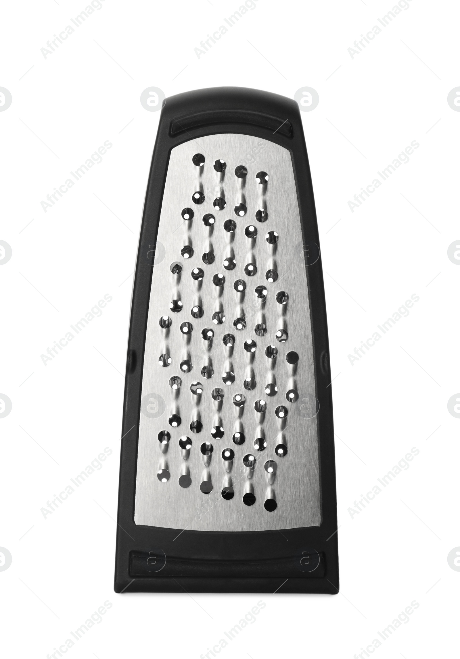 Photo of Stainless steel grater on white background. Kitchen utensil