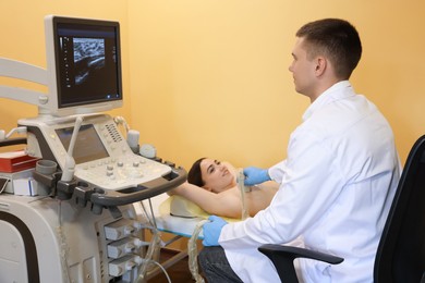 Photo of Mammologist conducting ultrasound examination of woman's breast in clinic