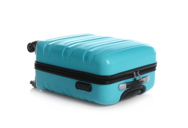 Modern suitcase for travelling on white background