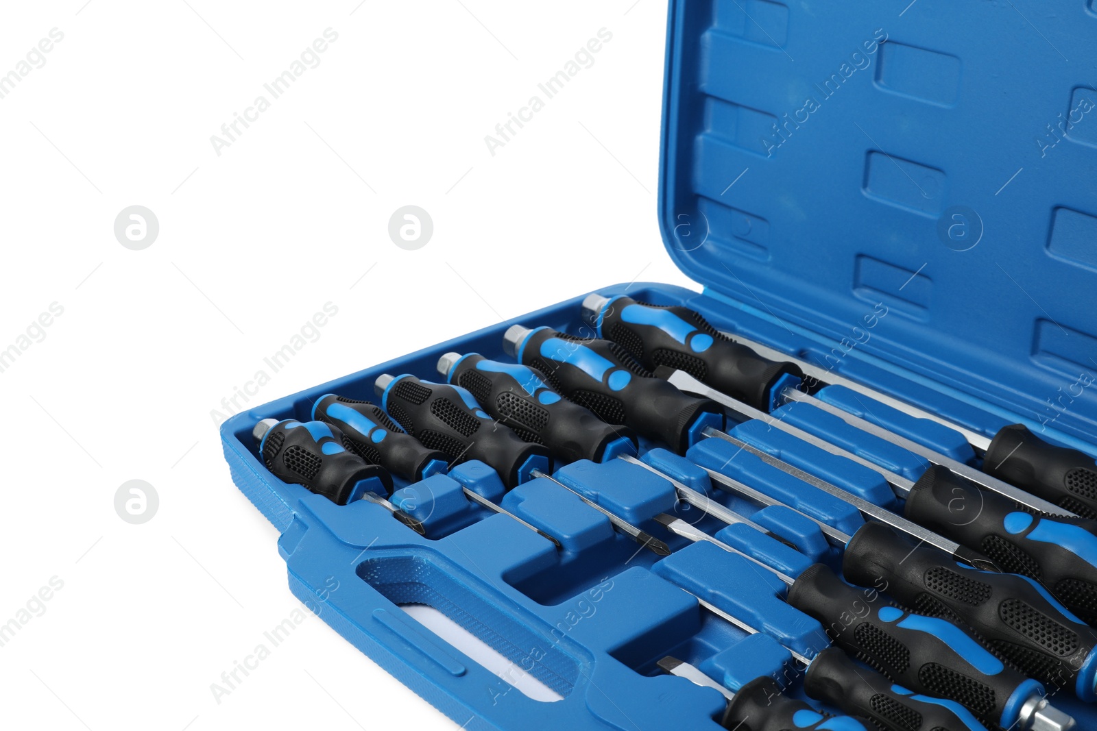 Photo of Set of screwdrivers in open toolbox isolated on white