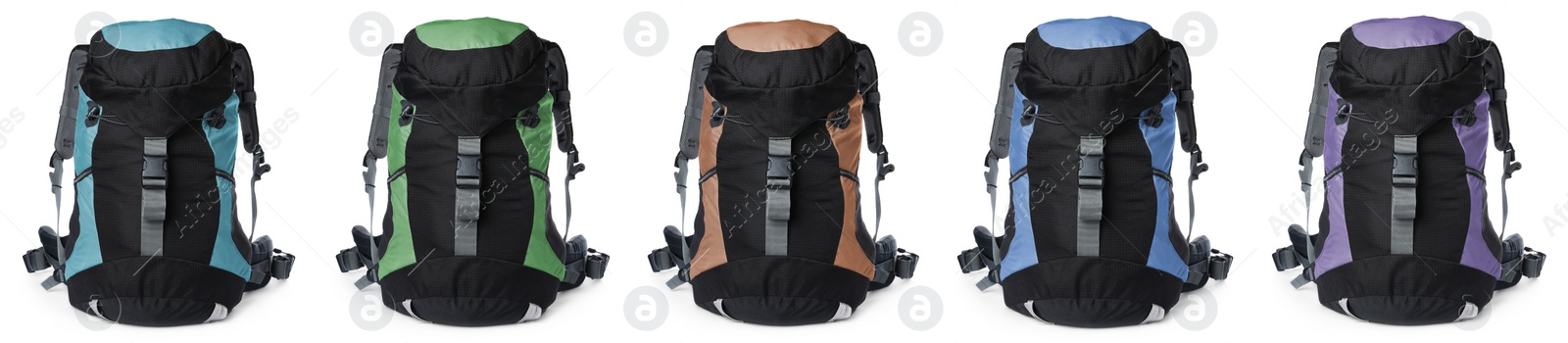 Image of Different hiking backpacks on white background, collage. Banner design