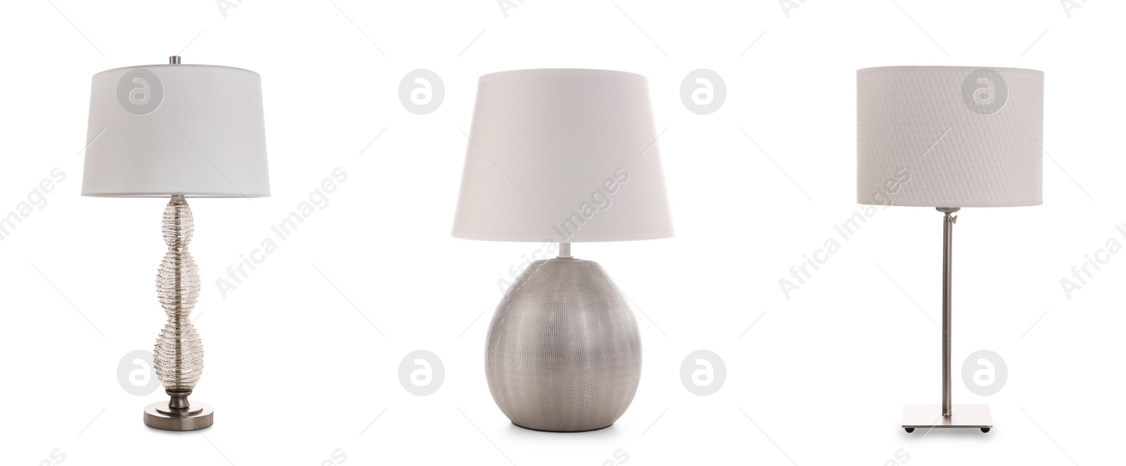 Image of Set with stylish night lamps on white background. Banner design