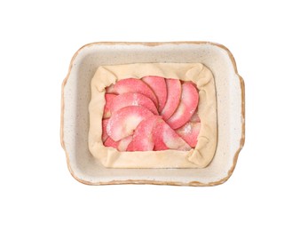 Baking dish with fresh dough and apples isolated on white, top view. Making galette