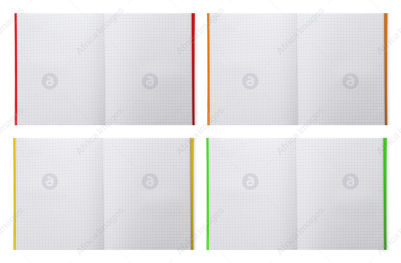 Image of Set with open planners on white background, top view