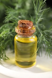 Bottle of essential oil and fresh dill on light tray, closeup