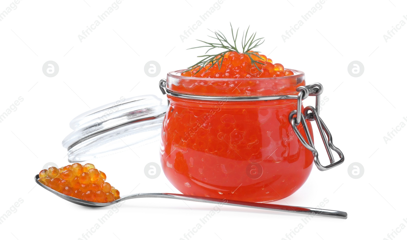 Photo of Delicious red caviar and dill on white background