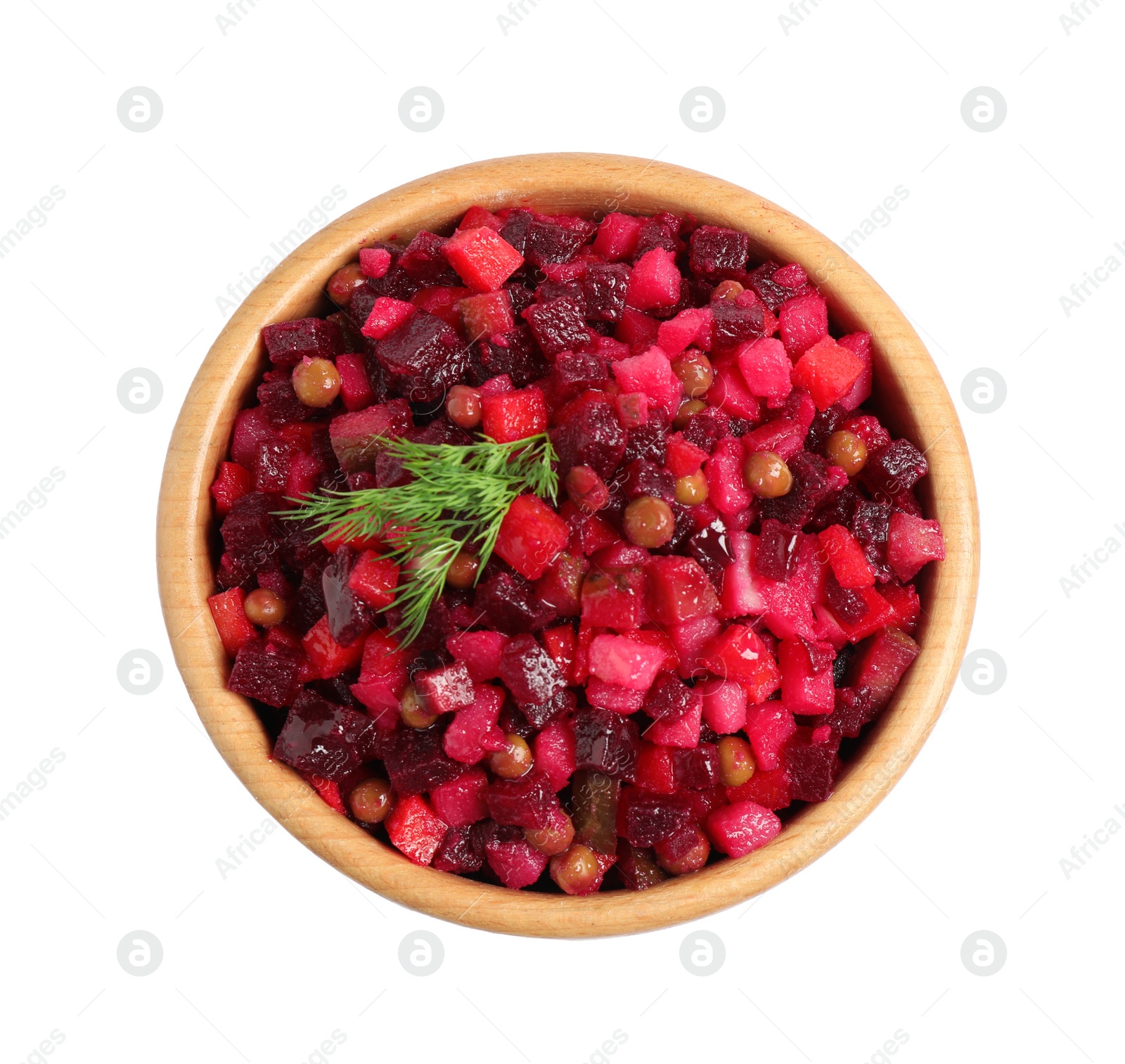 Photo of Traditional Russian salad vinaigrette in bowl isolated on white, top view