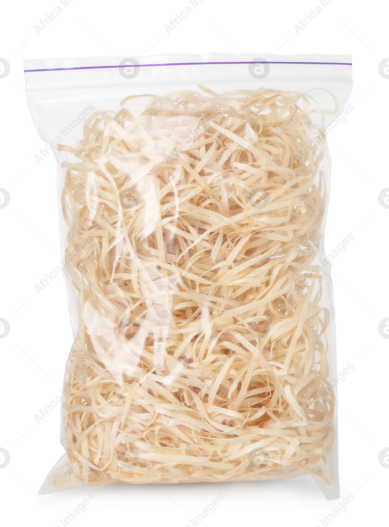 Photo of Natural sawdust in zip bag isolated on white