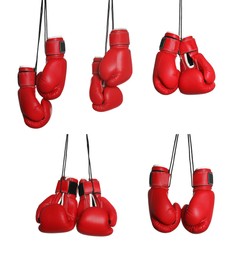 Set with red boxing gloves on white background