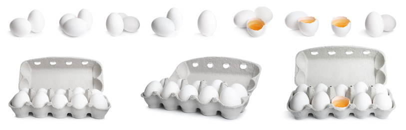 Image of Set of whole and broken eggs on white background, banner design