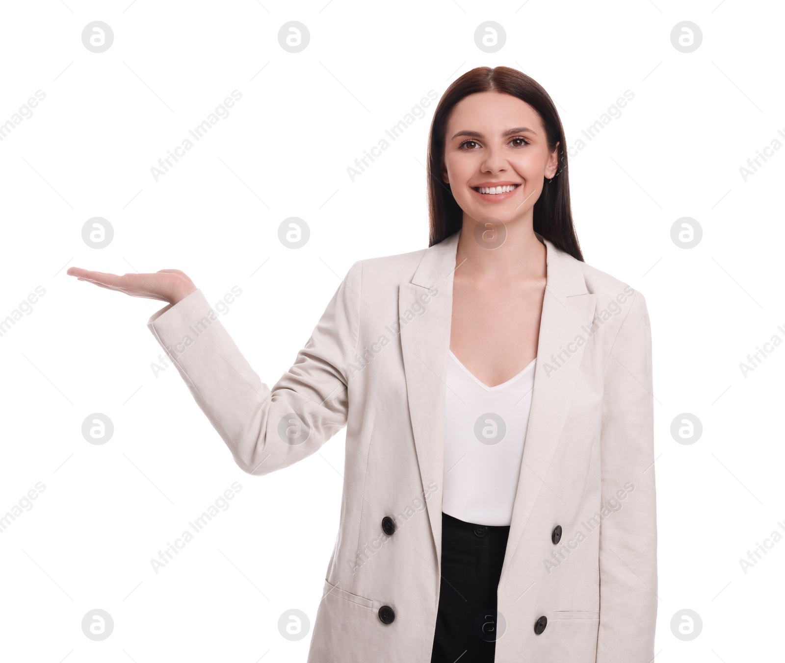 Photo of Beautiful businesswoman in suit pointing at something on white background