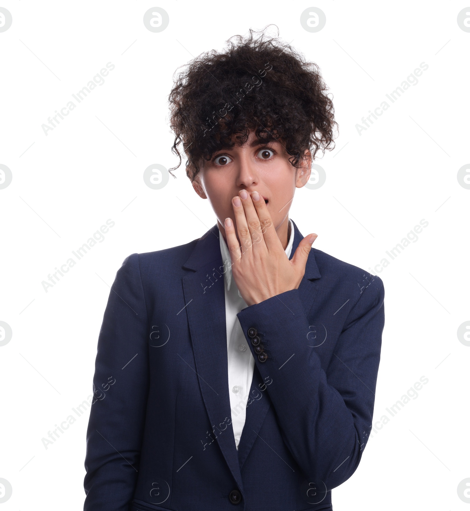 Photo of Beautiful emotional businesswoman in suit on white background