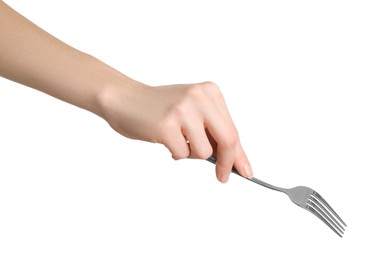 Woman holding shiny silver fork on white background, closeup