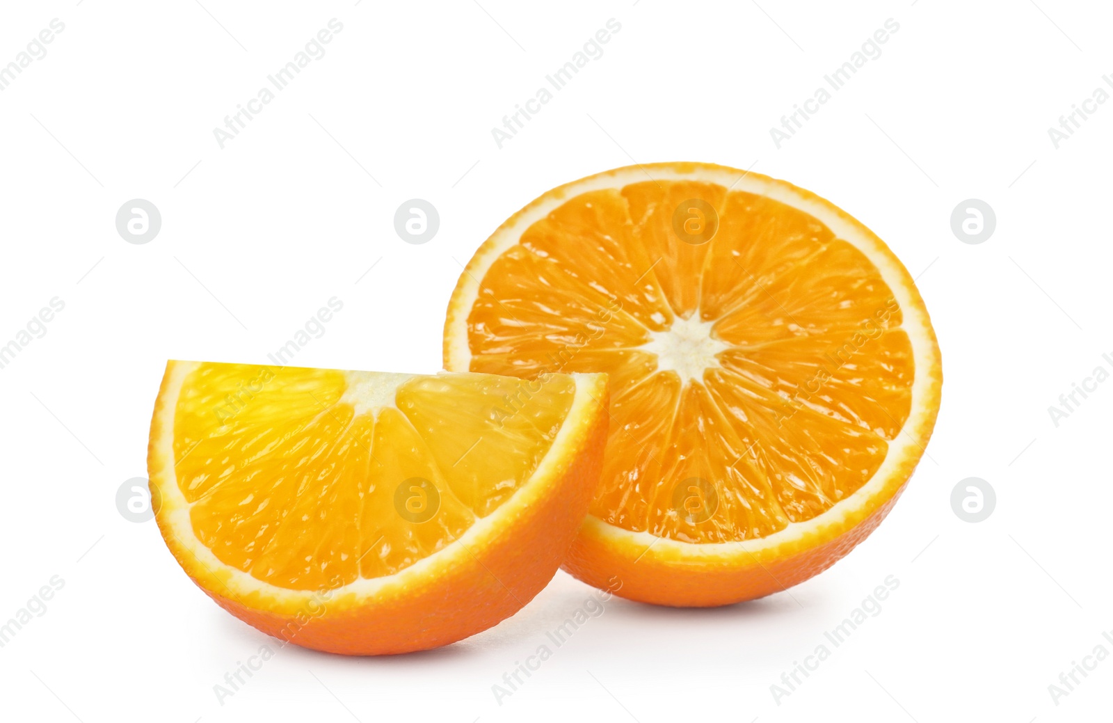 Photo of Cut orange isolated on white. Citrus fruit