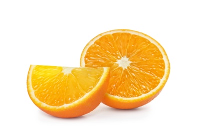 Photo of Cut orange isolated on white. Citrus fruit