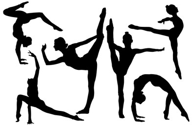 Image of Silhouettes of professional gymnasts exercising on white background, collage design