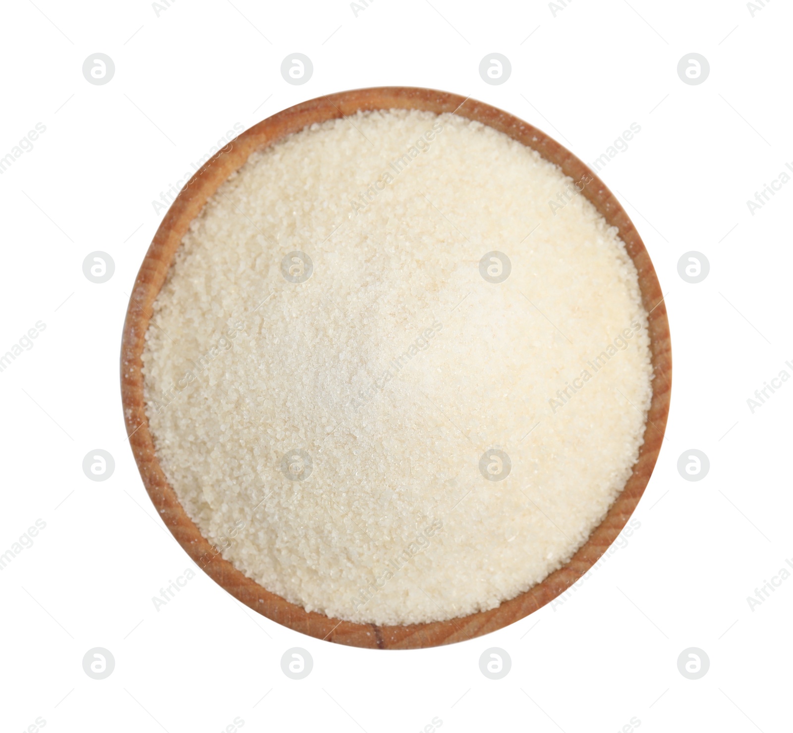 Photo of Gelatin powder in wooden bowl isolated on white, top view