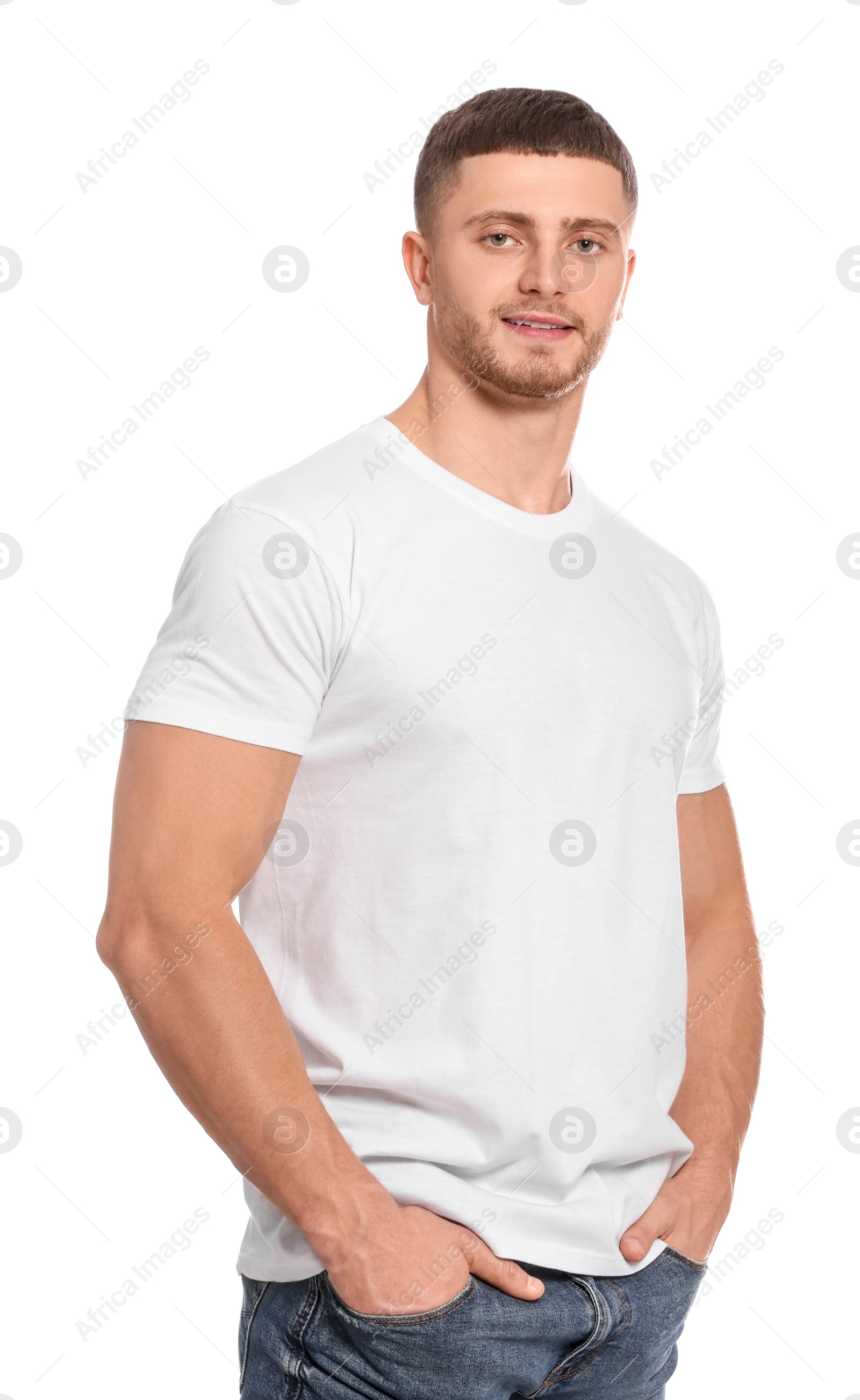 Photo of Man wearing blank t-shirt on white background. Mockup for design