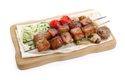Photo of Wooden board with delicious fresh shish kebabs, vegetables and lavash isolated on white