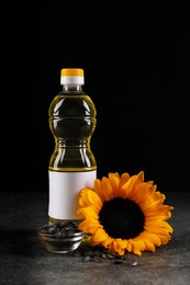 Photo of Bottle of sunflower cooking oil, seeds and beautiful flower on grey table against black background