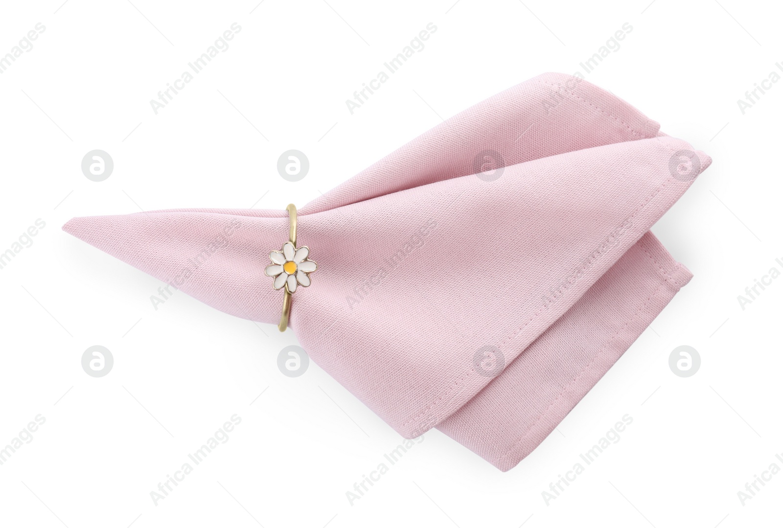 Photo of Napkin with decorative ring for table setting isolated on white, top view