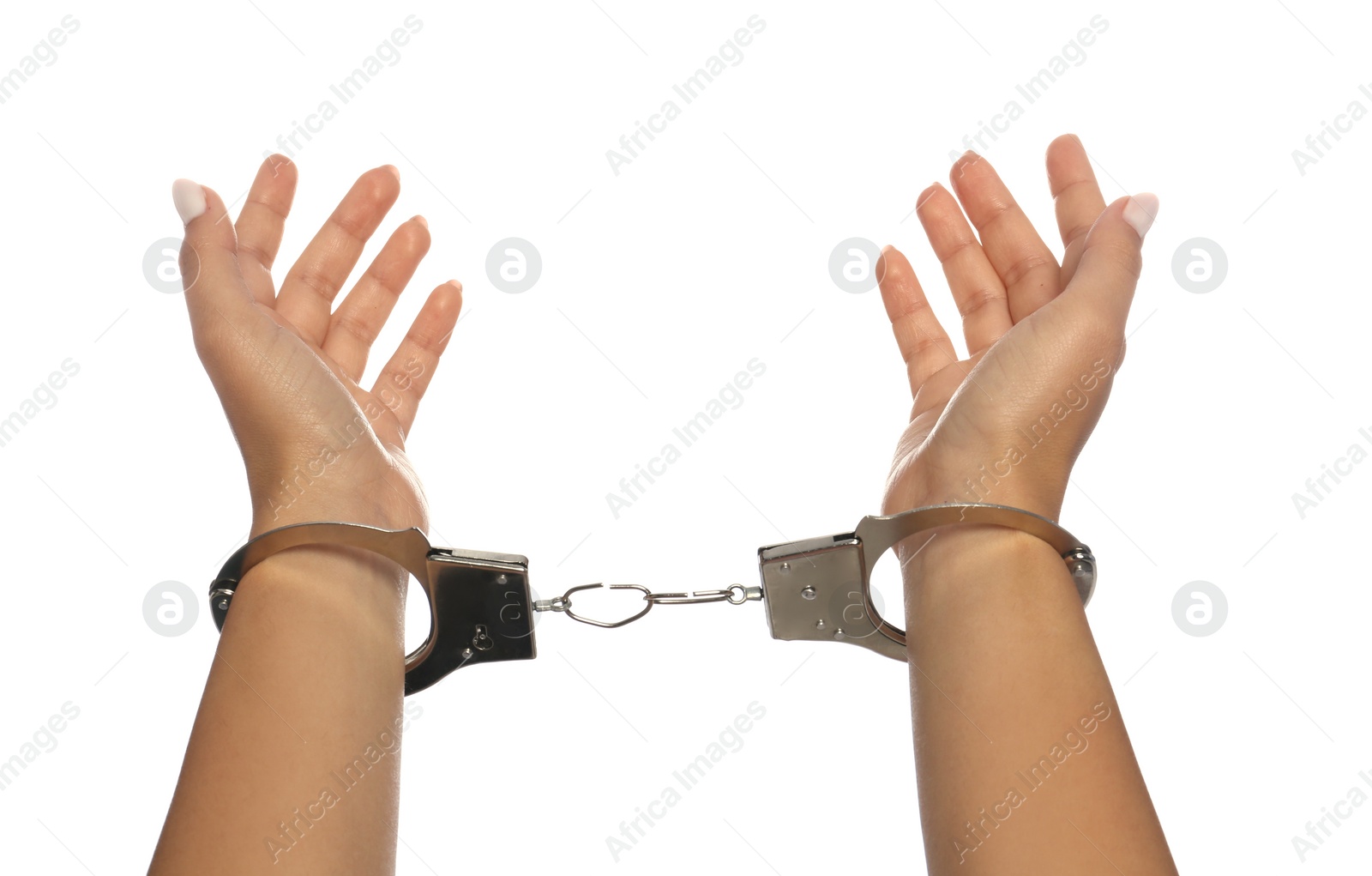 Photo of Woman in handcuffs on white background, closeup