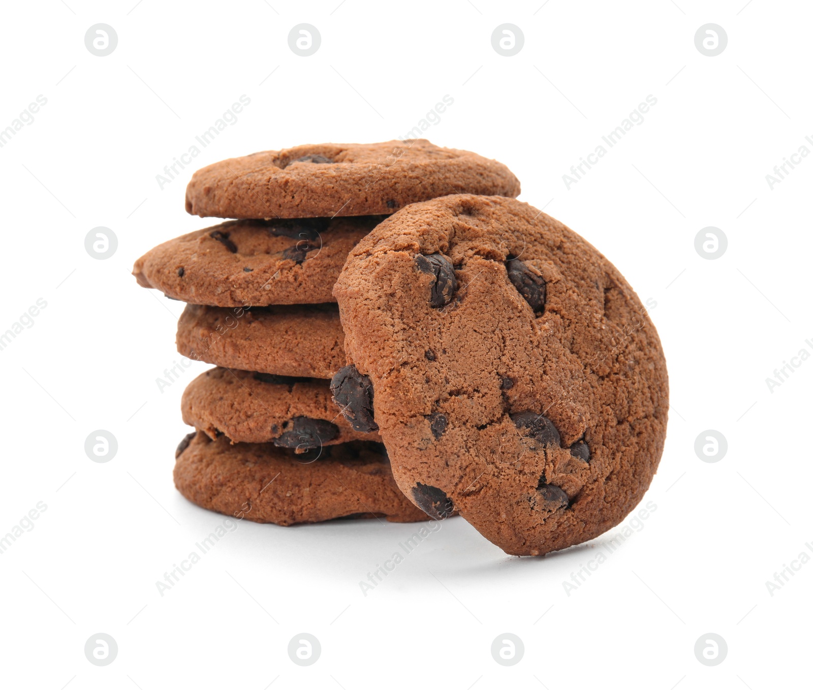 Photo of Stack of tasty chocolate chip cookies on white background