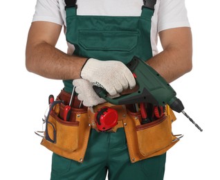 Photo of Worker in uniform with power drill on white background, closeup