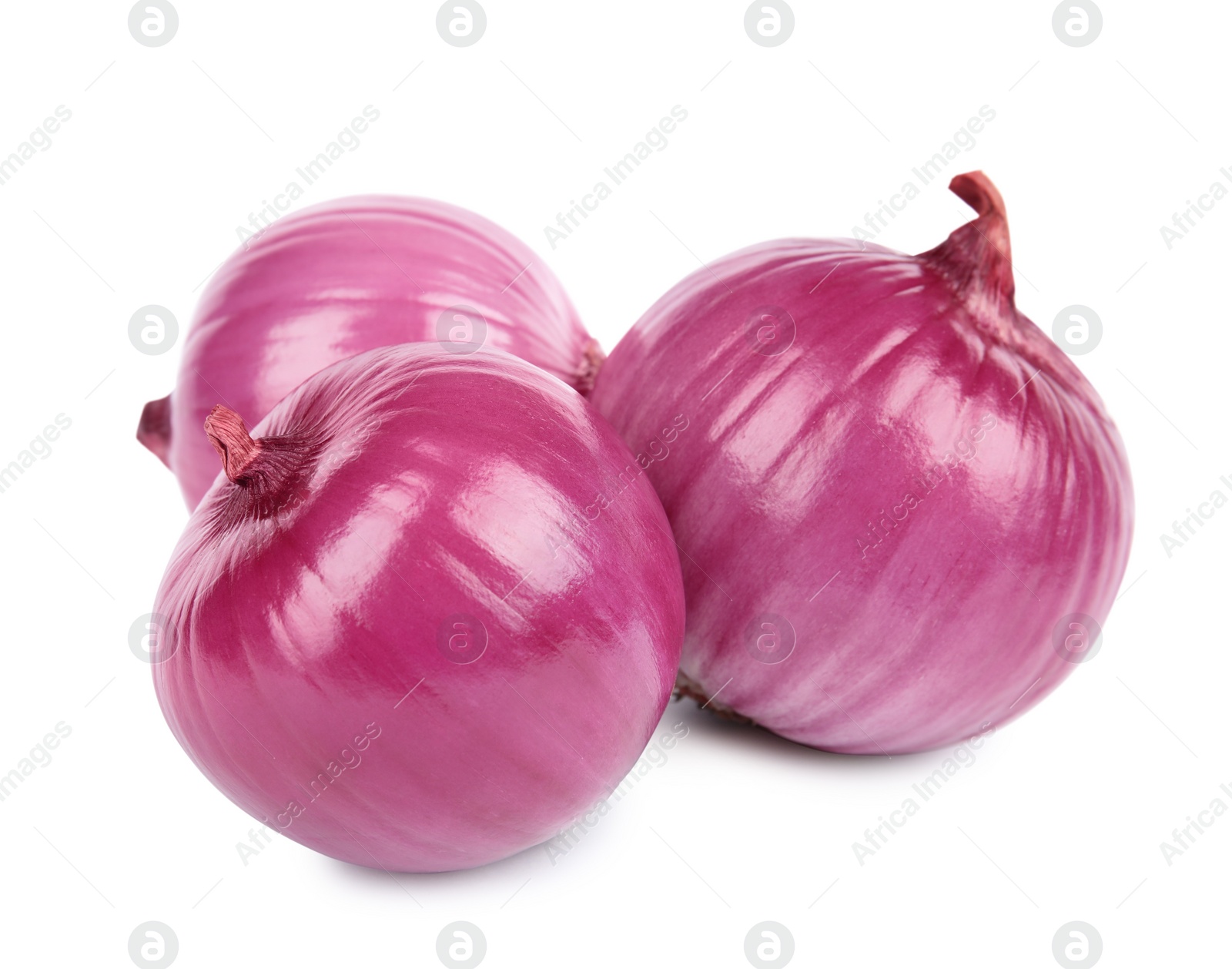 Photo of Fresh whole red onions on white background