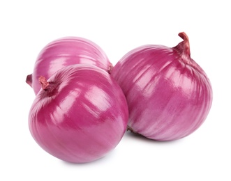 Photo of Fresh whole red onions on white background