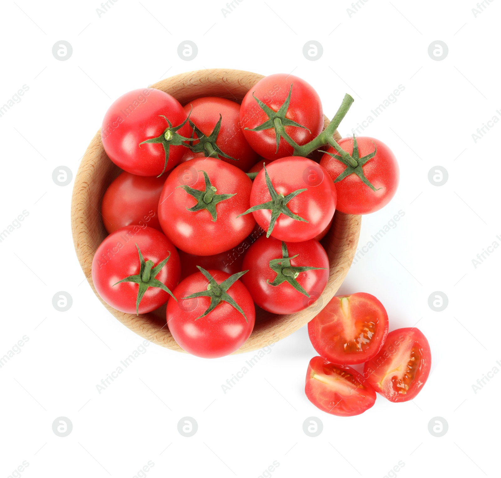 Photo of Bowl with whole and cut cherry tomatoes isolated on white, top view