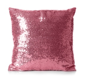 Photo of Shiny decorative pillow on white background