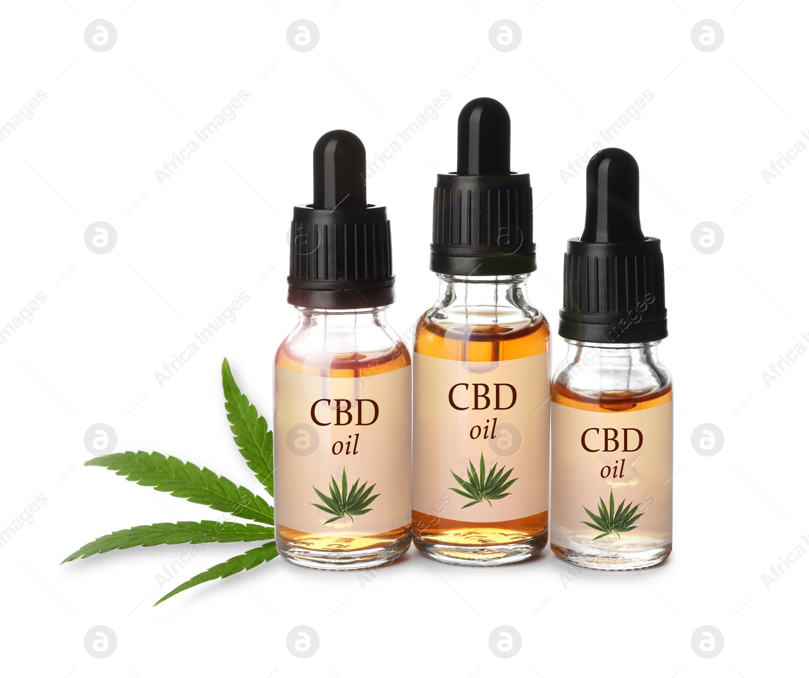 Image of Bottles of cannabidiol tincture and hemp leaf on white background