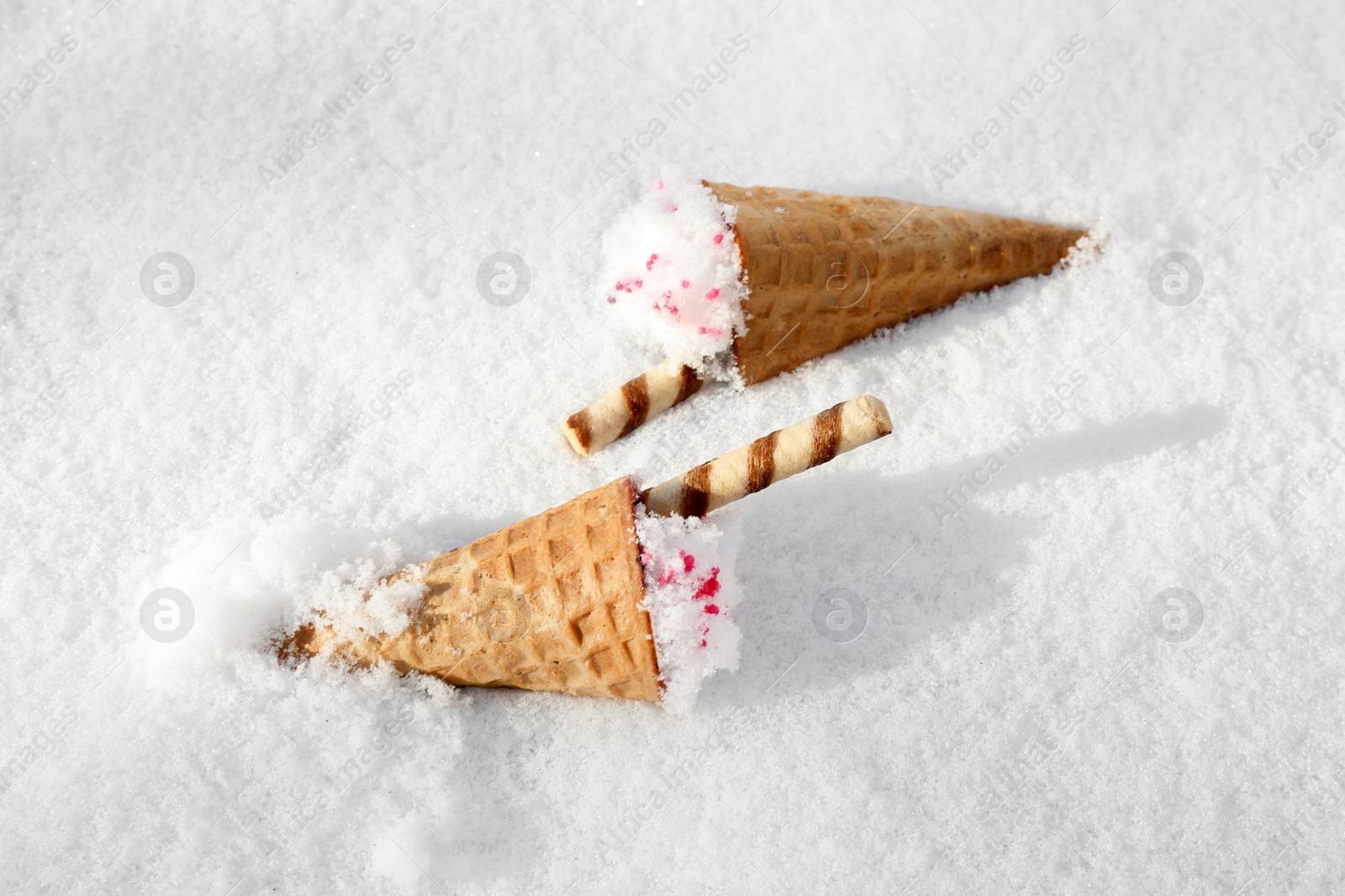 Photo of Waffle cones with ice cream on snow