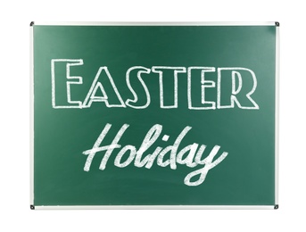 Image of Green chalkboard with text Easter Holiday on white background. School break