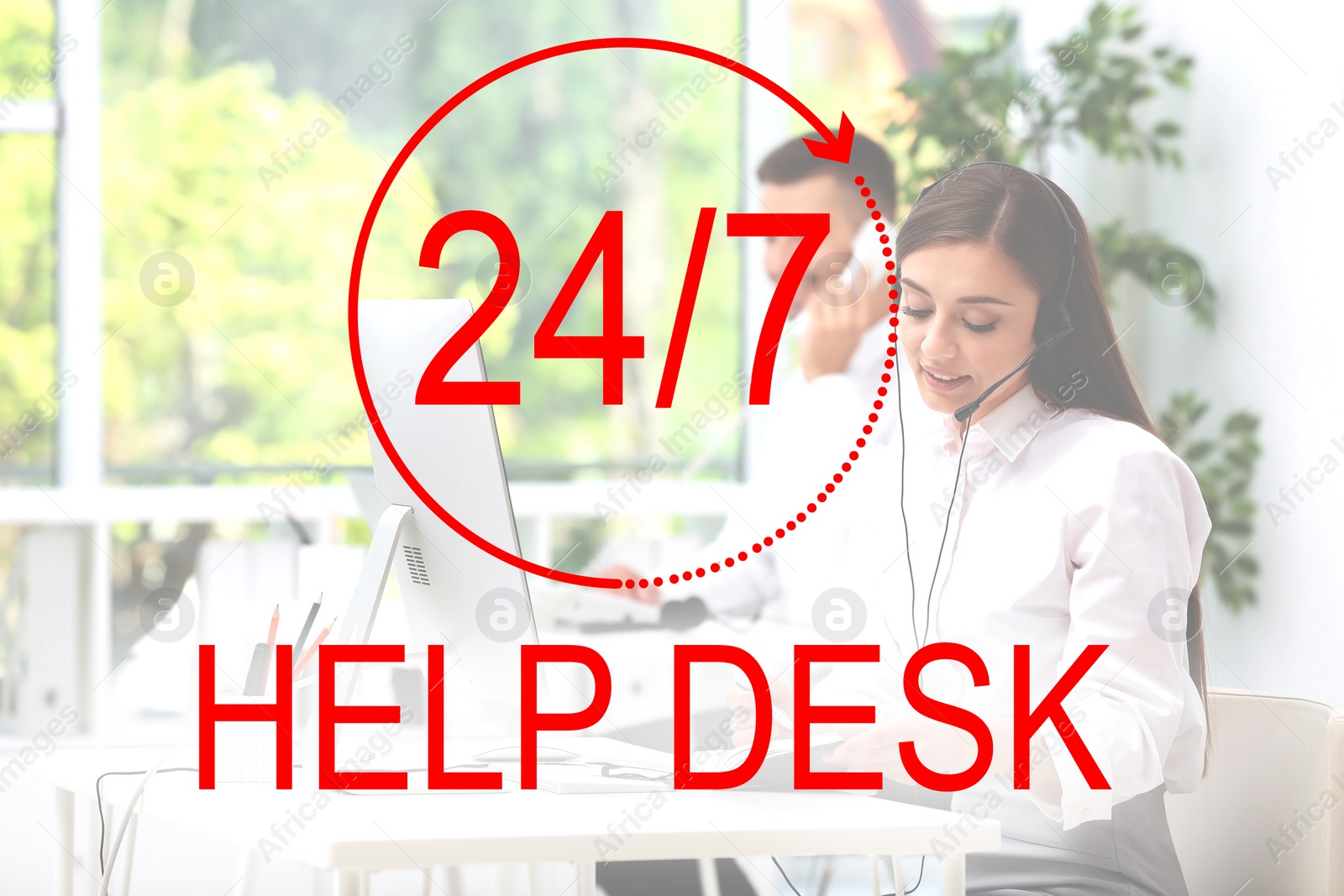 Image of Young receptionist with headset at table in office. Help desk service