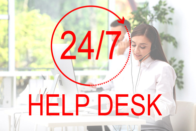 Image of Young receptionist with headset at table in office. Help desk service