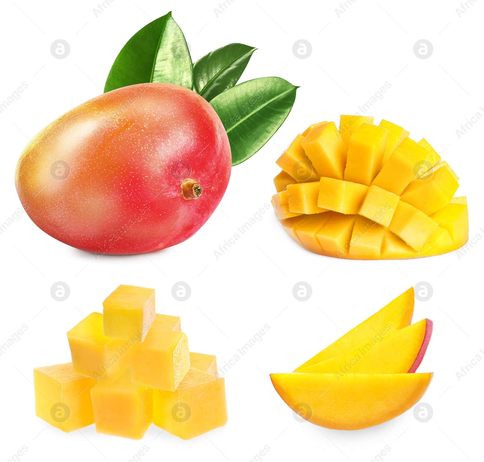 Image of Set with delicious ripe mangos on white background