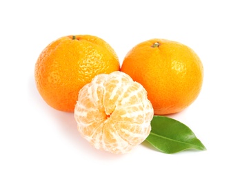 Photo of Tasty ripe tangerines on white background. Citrus fruit